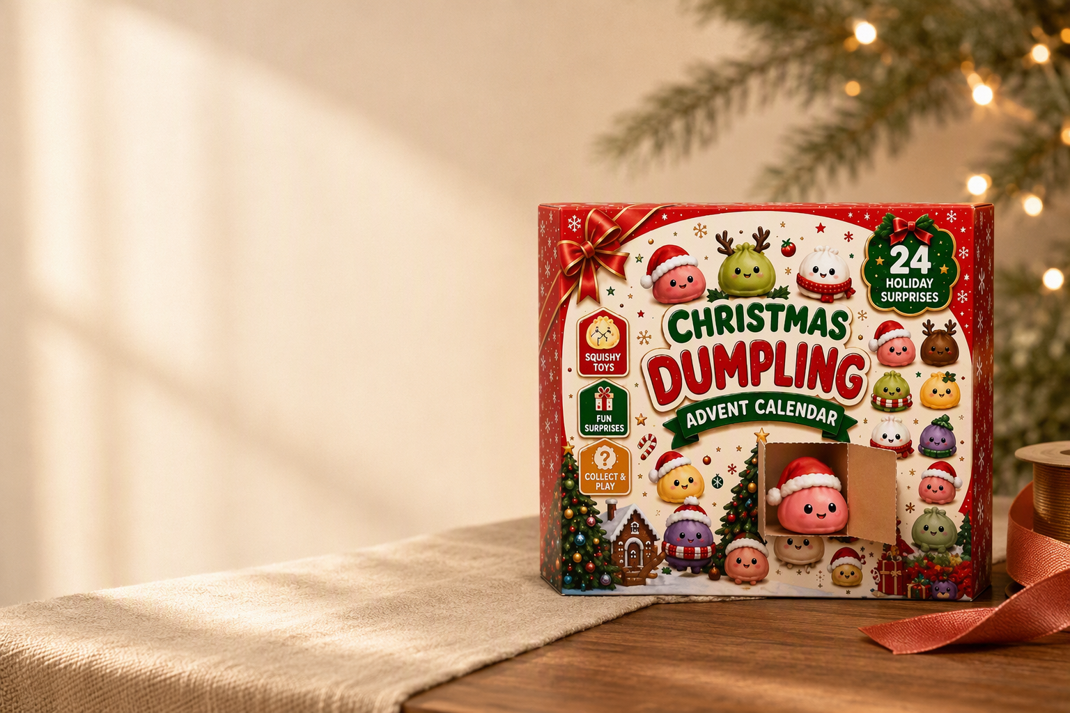 Christmas advent calendar gift box photographed open on a wooden table